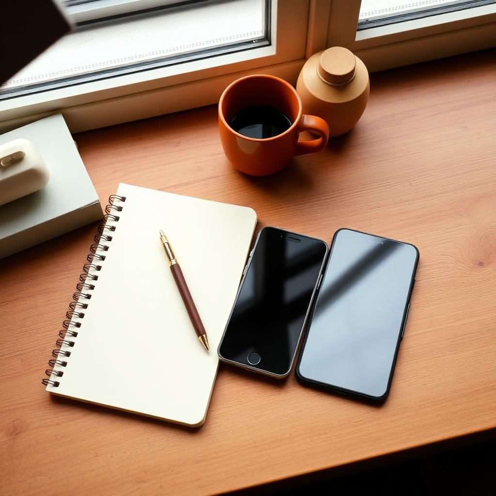 Bureau met notitieboek en twee telefoons naast elkaar in warme tinten, AI-receptie dierenarts vergelijken, Vetdesk
