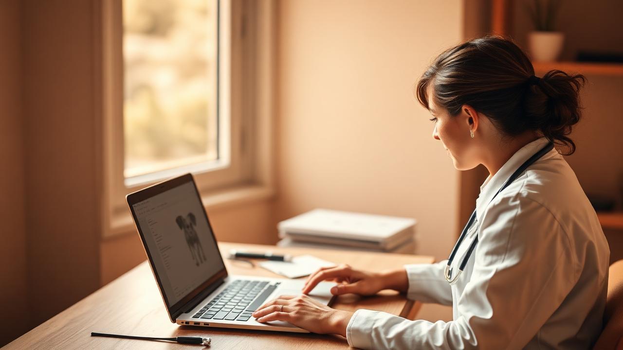 Dierenarts aan bureau met laptop en praktijksoftware, Provet Cloud koppeling telefonie, Vetdesk
